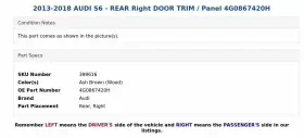 4G0867420H AUDI Rear Right Door Panel S6 #3