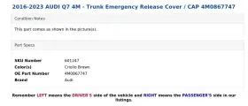 4M0867747 AUDI Trunk Emergency Release Cover Cap Q7 #3