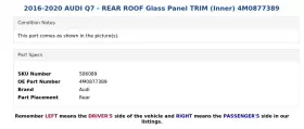 4M0877389 AUDI Rear Roof Glass Panel Inner Q7 #3