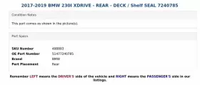 51477240785 BMW Xdrive Rear Deck Shelf Seal 230I #3