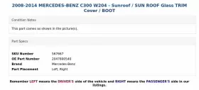 2047800540 MERCEDES Sunroof Sun Roof Glass Cover Boot C300 #3