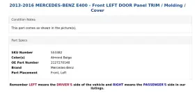 2127270148 MERCEDES Front Left Door Panel Molding Cover E400 #3