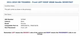 3D5857607 PORSCHE Front Left Roof Grab Handle Vw Touareg #3