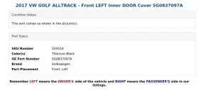 5G0837097A VOLKSWAGEN Alltrack Front Left Inner Door Cover Vw #3