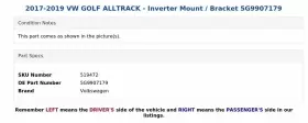 5G9907179 VOLKSWAGEN Alltrack Inverter Mount Bracket Vw Golf #3