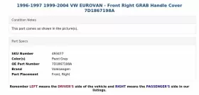 7D1867198A VOLKSWAGEN Front Right Grab Handle Cover Vw #3